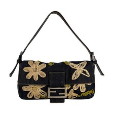 Fendi Embroidered Flowers Denim Baguette Shou...