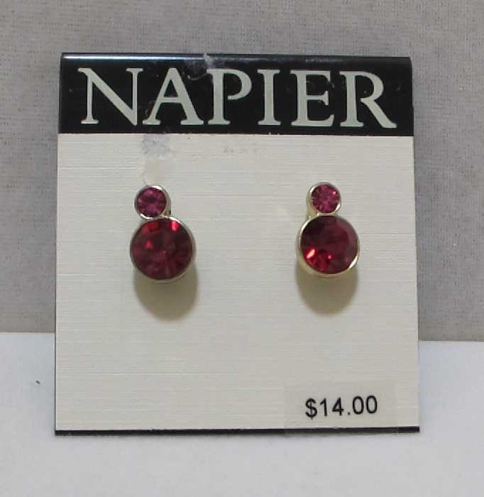 NAPIER Round Faceted Red & Pink Rhinestones Gold Tone Stud Earrings $14 NOC