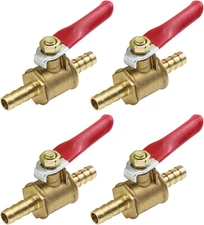 4 Brass Ball Valves, 1/4" Hose Barb, 180 Shut off Switch, Mini Valves