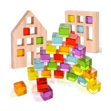 Wooden Building Blocks Set for Kids, 24 PCS Rainbow Gem Cubes Stack... Fast Ship