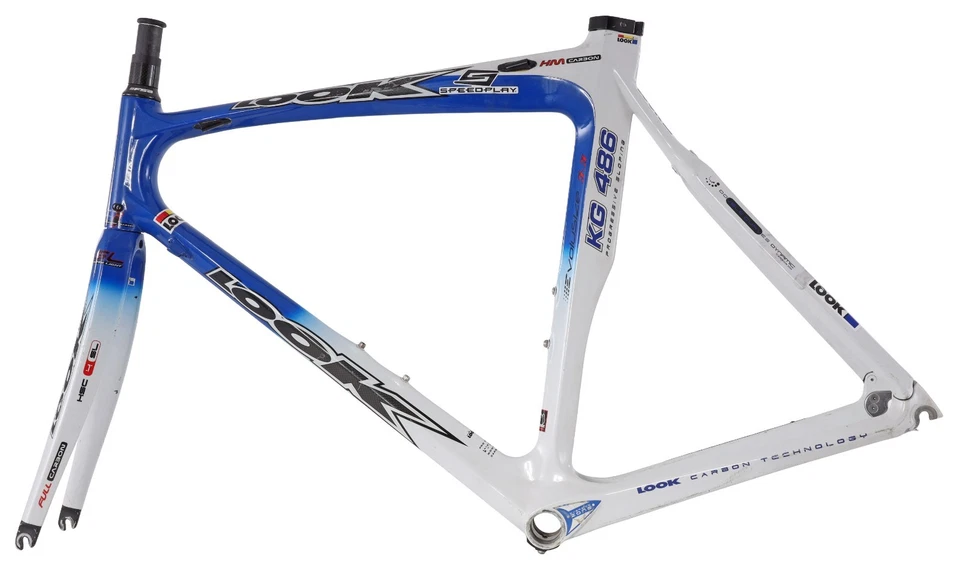 Cuadro de carbono para bicicleta de carreras de carretera LOOK KG486 blanco/azul freno de llanta QR 55 cm 700c 2004 Foto 3 de 4