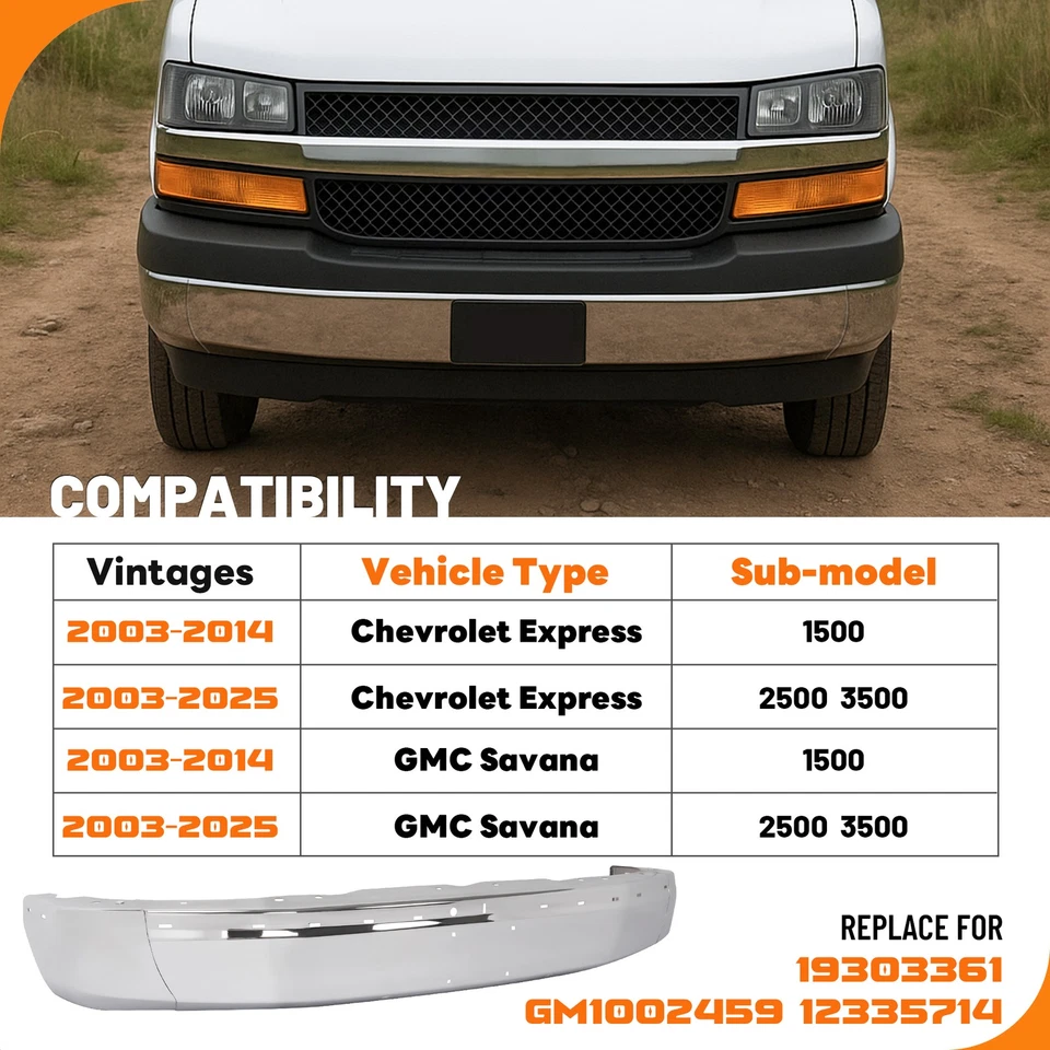 Chrome Front Bumper Face Bar For Chevrolet Express GMC Savana 1500 2500 2003-25 Foto 2 de 4