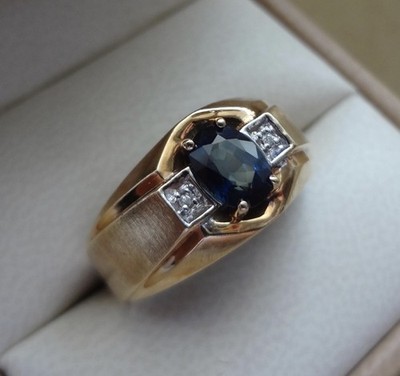 14k Natural Sapphire Mens Ring 14k Solid Gold Ring Blue Sapphire Diamond Ring