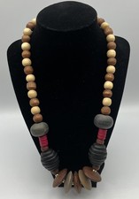 Vintage Wood Disc Necklace Chunky Statement Beads Boho Jewelry 24 Inches