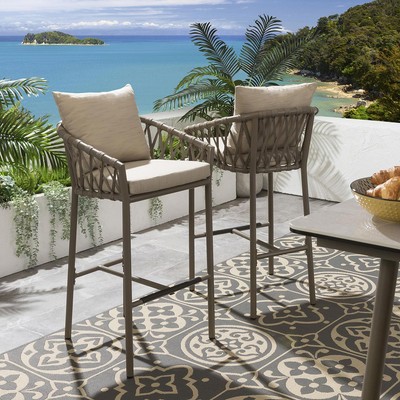 Set of Outdoor Garden Bar Stools With Backs Cushioned Aluminium Beige  UK
