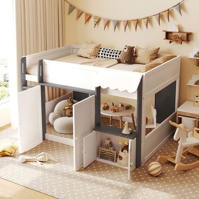 Full Loft House Bed with Playhouse&Storage Modern Wood Cabin Bed for Kids/Teens