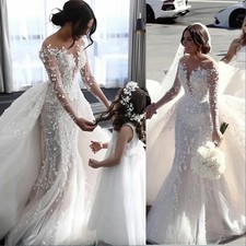 Luxury Mermaid Wedding Dress Jewel Neck Lace Tulle Detachable Train Bridal Gowns