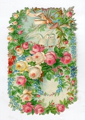 Glanzbild Oblaten scraps  Blumen -Bild Tauben  11 cm