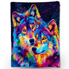 Colorful Wolf Blanket  Soft Warm Fuzzy Lightweight Animal Watercolor Art Fla...