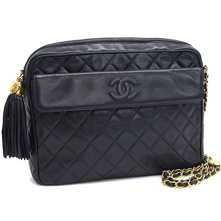 CHANEL Navy Matelasse Leather Chain Shoulder Bag with Tassel
