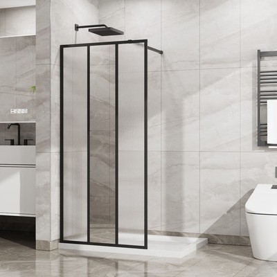 34''Wx72''H 3-Panel Fixed Shower Door,Center Mirror+Fluted Glass,5mm Tempered Glas