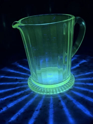 Vintage Uranium Hazel Atlas  Depression Glass Ribbon Vaseline Milk Pitcher 1930s