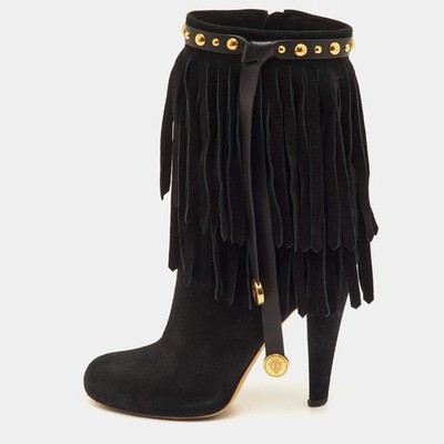 Gucci Size 37 Black Suede Studded Fringe Mid Calf Boots