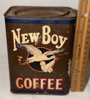 ANTIQUE NEW BOY COFFEE TIN STORK BABY HOBOKEN NJ COUNTRY STORE GROCERY CAN