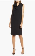 Anne Klein Black Dress Womens Small Crepe Sheath Cowl Neck Midi LBD MSRP $99 NEW