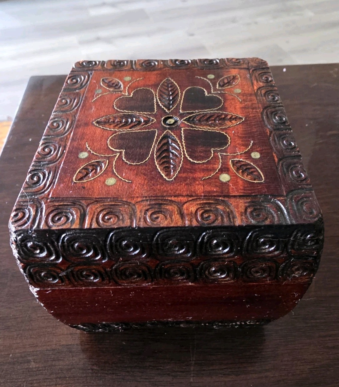 Vintage Polish Wood Box Hand Carved Pyrography Heart Hinged Trinket Jewelry Box