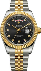 Authentic Stylish Men's 41mm Gold-Plated Dress Watch with Day Date and Water Resistance