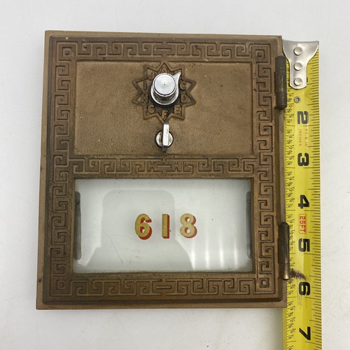 Vintage Postal Keyless Lock Box Door Brass Post Office w/Glass Works