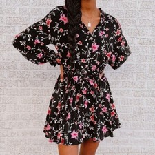 Free People Dress Womens XS Black Floral Smocked Tie Waist Long Sleeve