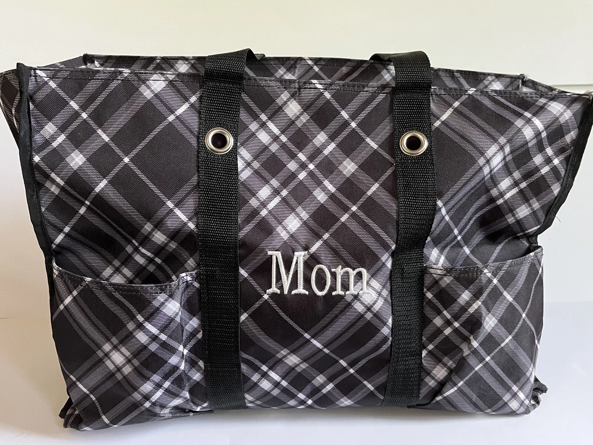 Thirty One Organizing Utility Tote Zip Top Black Plaid Pockets MOM 19 x 8  x 13