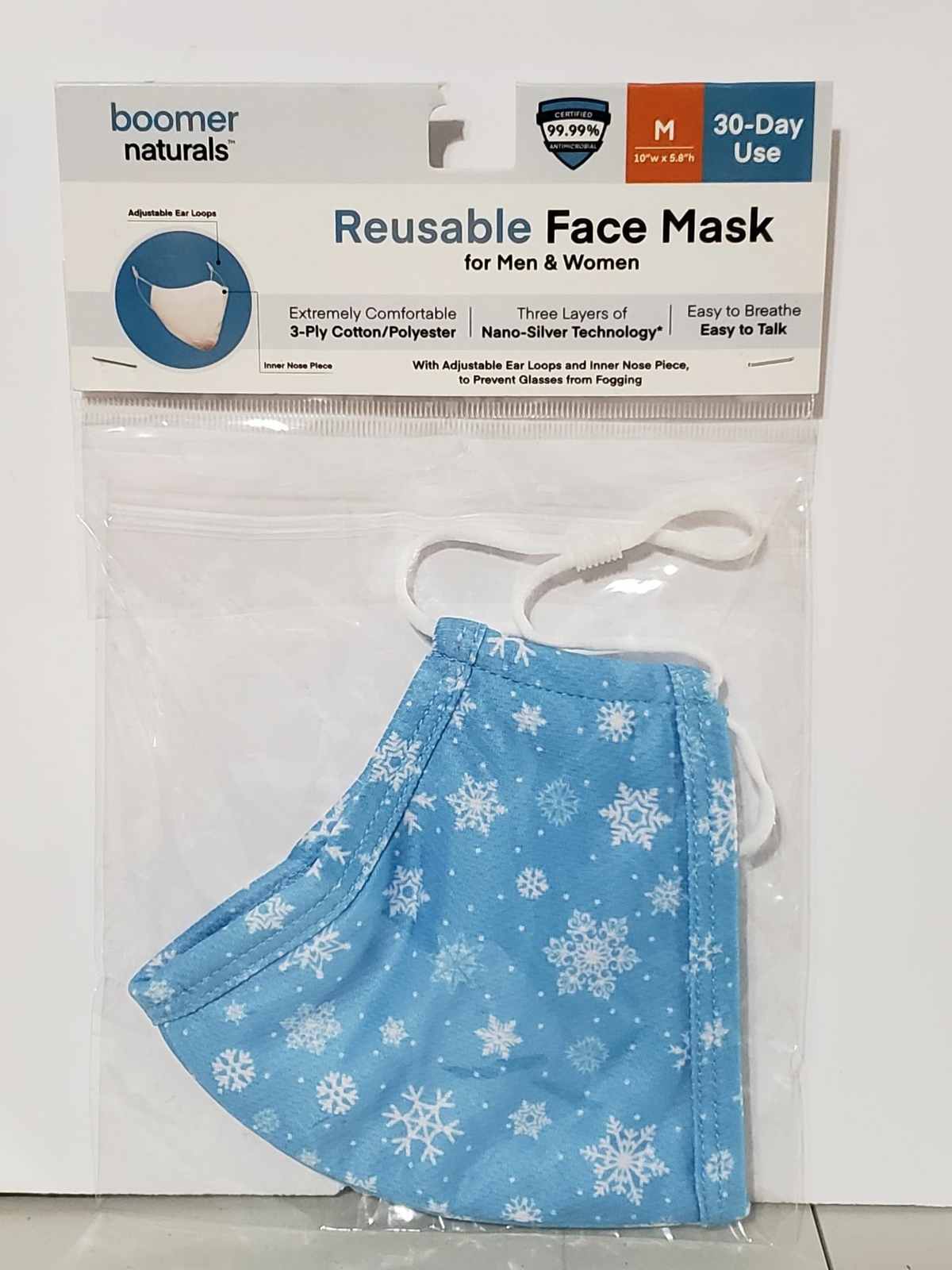 Boomer Naturals Face Mask Unisex Kids & Adult Sizes Snowflakes Winter
