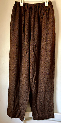 DENA LAUREN Elastic Waist Pull On PANTS Flowing Legs, Black & Bronze Print, M/L?