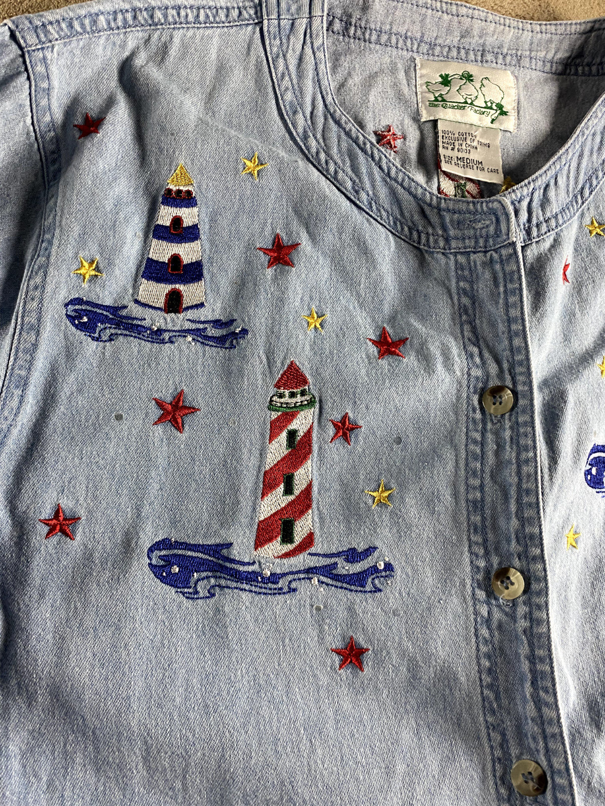 Quacker Factory Blouse Chambray Button Womens Med… - image 8