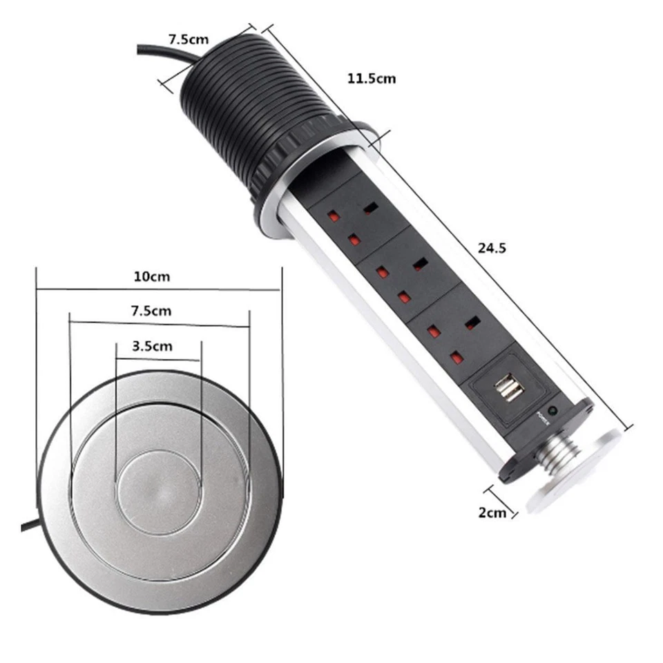 Pull Pop Up Socket 3 Plug 2 USB Hidden Outlet For Desk & Kitchen (US/EU/UK/AU) - Image 2 of 4