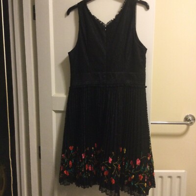 FRENCH CONNECTION Black dress 14 Embroidered Flowers Lace Pleated | eBay UK