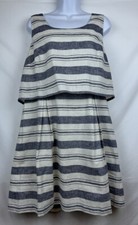 Loft Striped Linen Dress Beachy SZ 12 preppy classic Peek A Boo Back Pleated