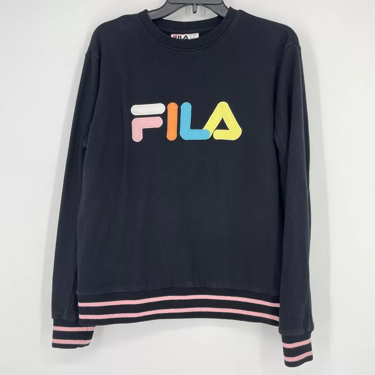 VTG Fila Sweatshirt Womens Sz M Crew Neck Ribbed Pink Striped Hem Pullover Black
