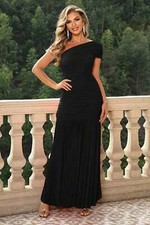 Black One-Shoulder Ruched Maxi Evening Party Dress