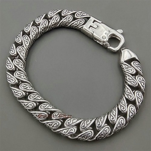 Bracciale Uomo Maglia Cubana Acciaio Inox Incisione Treccia Catena Vite Collana 12mm - Foto 4 di 21