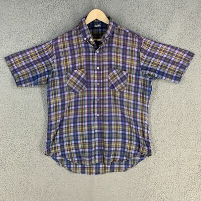 Vtg 70s Montgomery Wards Shirt Men Large Short Sleeve Button Up Plaid Pockets