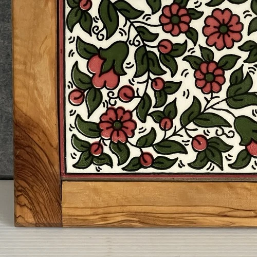 Vintage Tile Trivet Ceramic Floral Olive Wood Frame 8” image 3