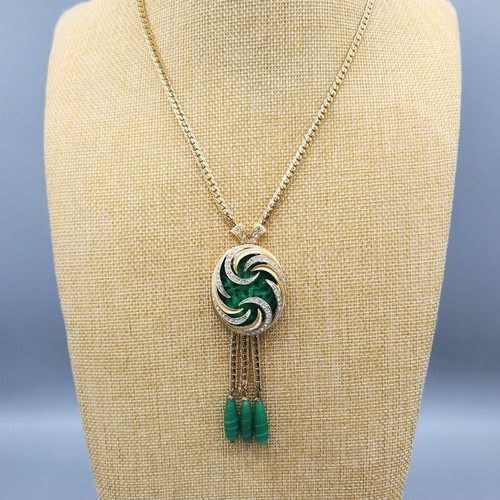 Vintage Designer Green Faux Jade Glass Gold Tone Lavalier Necklace Clip Earrings - Picture 5 of 17
