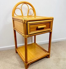 Vintage Rattan Bedside Table Boho Wicker Side Cabinet Bamboo Peacock Shelf Retro