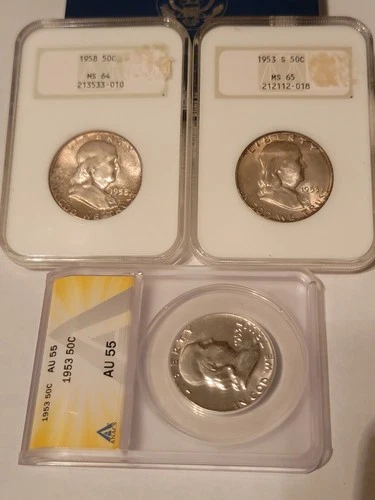 1953-S NGC MS65, 1958 NGC MS64, older holders-toned +1953 anacs AU55 Franklins
