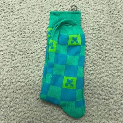 Minecraft Mojang Creeper Socks Green Blue Checkerboard Gamer Casual Crew Socks