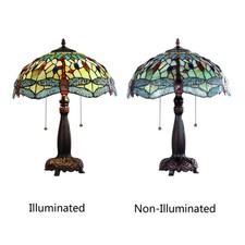 Tiffany Style Stained Glass with Cabochons Dragonfly 2 Bulb Table Lamp 16" Shade