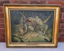 Vintage Art Print Hunting Scene Gold Ornate Frame Size 22 x 26 in