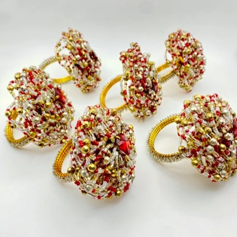 Anillos de servilleta PIER 1 cuentas oro rojo brillante flor vacaciones boho étnico - Lote de 6 Foto 3 de 4