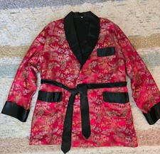 Vintage Smoking Jacket Asian Kimono Mens Size 2XL Red Satin Lapel Collar No Belt