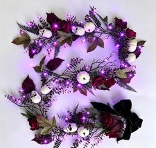 6FT Gothic Halloween Garland with Purple Lights  Spooky Garland with Skulls,Bur