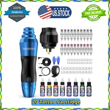 Tattoo Pen Machine Kit Needles Cartridge Ink Wireless Rotary Gun Power Supply