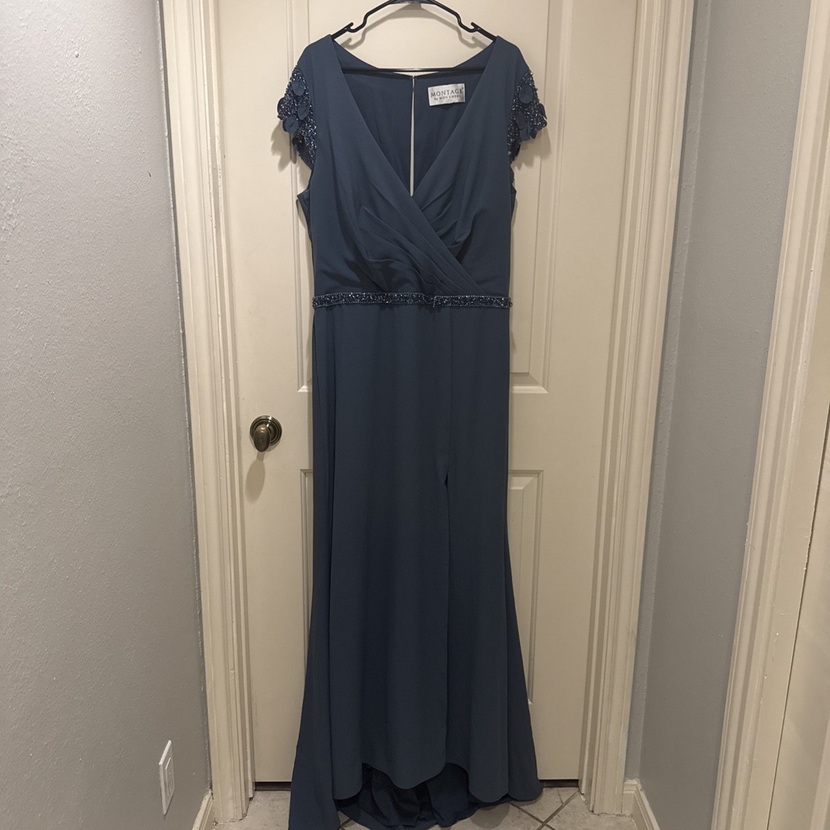 green emerald velvet dress Montage by Mon Cheri M914 - Embroidered Floral Evening Dress 20 / Ice Gray