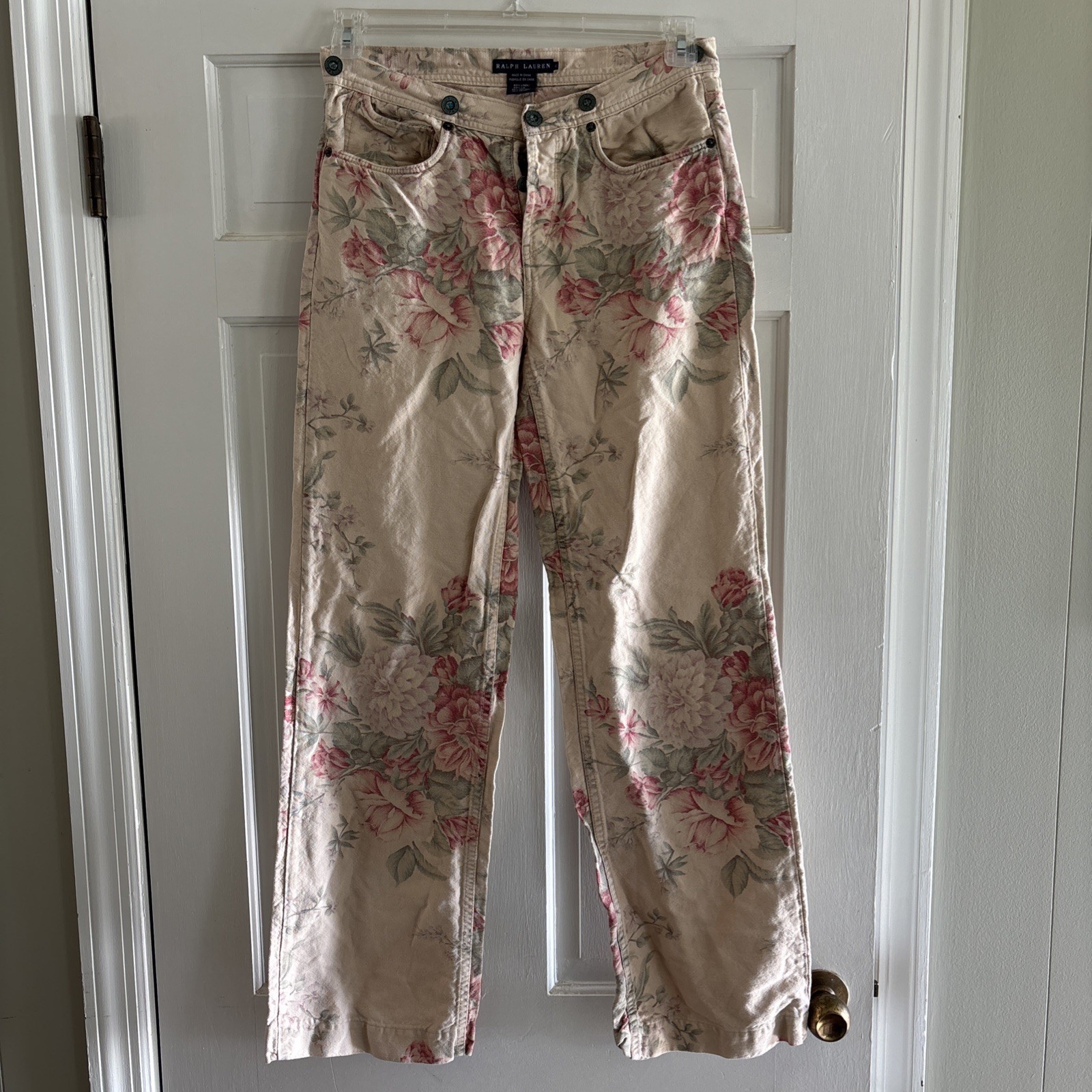 Ralph Lauren Women’s Linen/Cotton Pants Beige w/Pink Green Floral Print Size 4