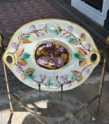 Majolica ceramic bread platter w/ fruit & floral decoration