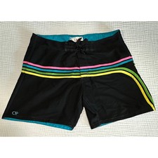 OP Ocean Pacific Swim Trunks Mens Size 36 Black Neon Striped Board Shorts