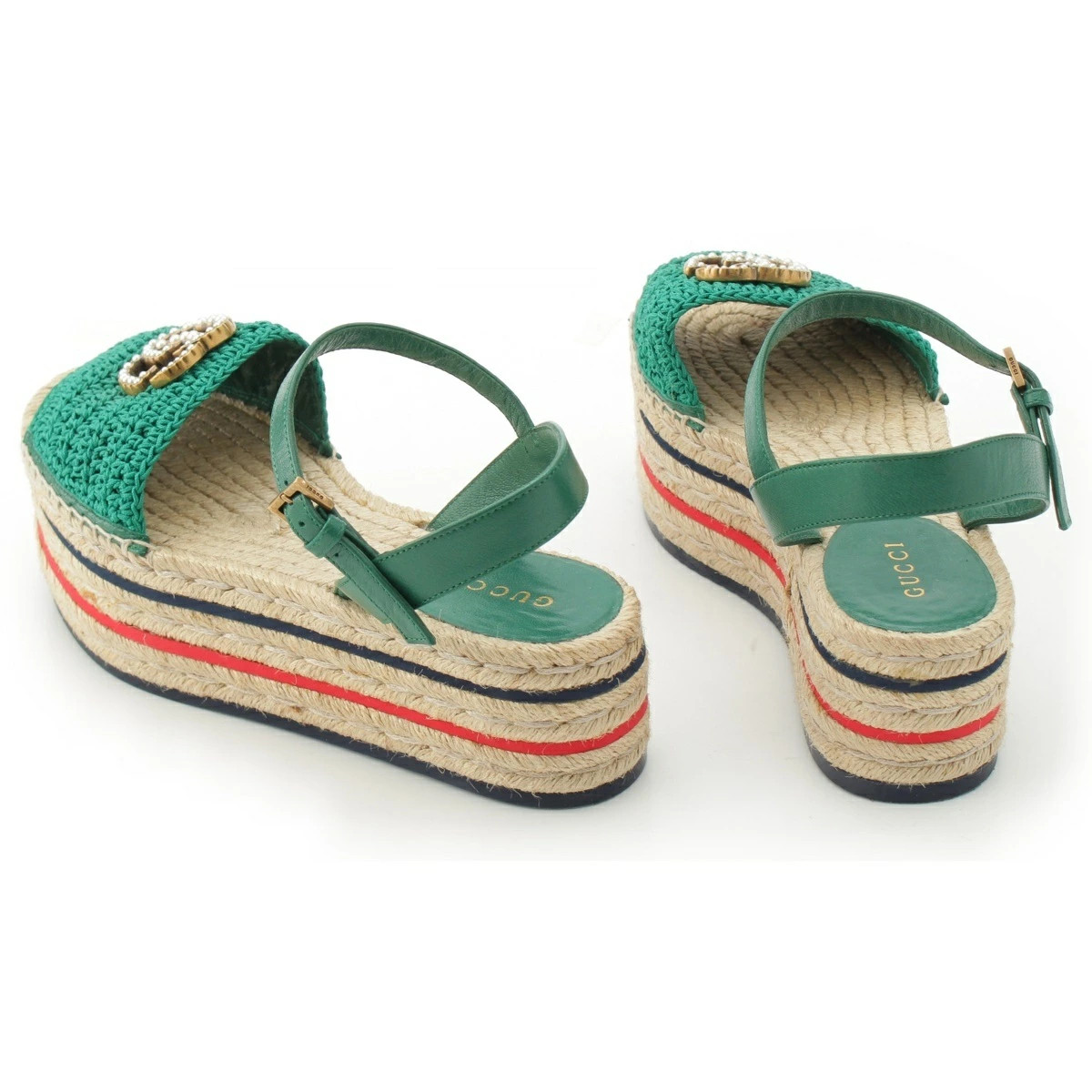 GUCCI Leather GG Marmont Pearl Wedge Sole Sandals Green 35 1/2 thumbnail 4